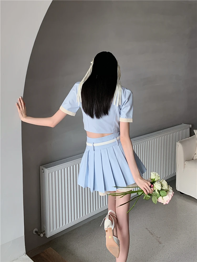 Stylish Outfit with Pale Skirt and Blue Shirt