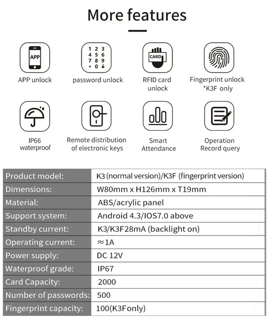 TTLOCK K3/K3F Fingerprint Access Control Keypad 13.56Mhz RFID Card  Bluetooth Optional  G2 upgrade WiFi mode 4