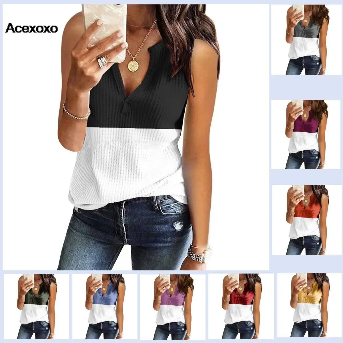 

Europe and the United States summer patchwork color knitted shirt V-neck casual loose large size vest blouse