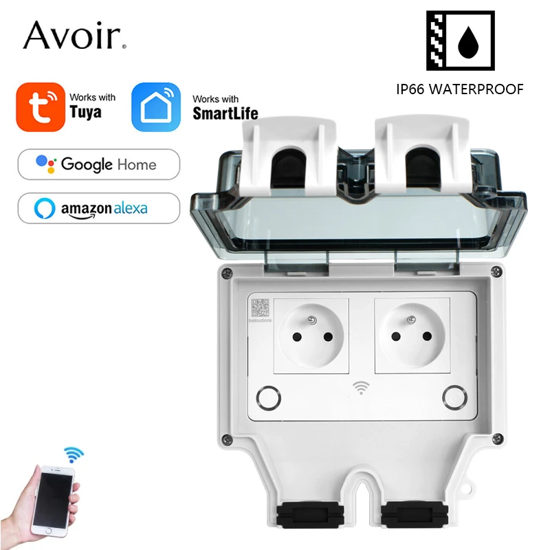 Avoir Tuya ซ็อกเก็ต IP66 กลางแจ้ง Wifi สมาร์ทซ็อกเก็ตกันน้ํากล่องสมาร์ท FR ปลั๊กผนังซ็อกเก็ตจับเวลาเครื่องใช้ในบ้าน 220V 1