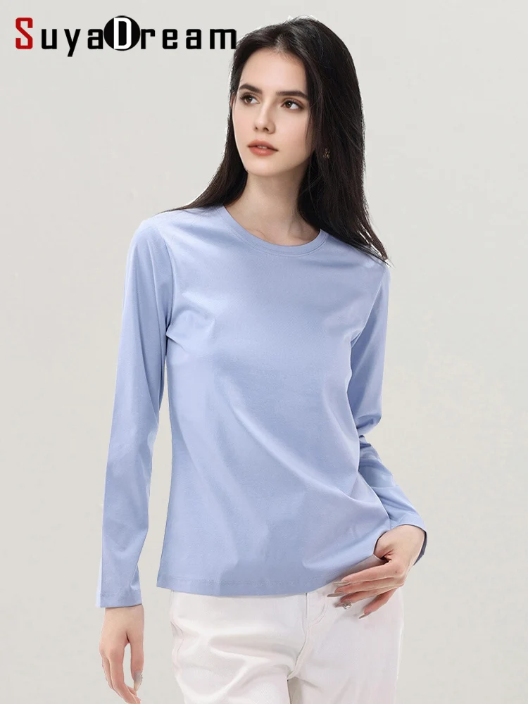 SuyaDream Women Solid T Shirts Silk Cotton Blend Plain O neck Long Sleeved Tee 2025 Spring Autumn Basic Top White Black