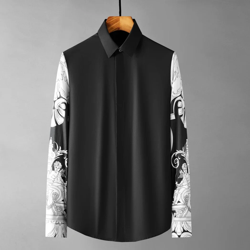 

2023 spring Court Style Patchwork Men's Casual Shirt Long Sleeve Slim Business Formal Dress Shirts Handsome Camisa Masculina