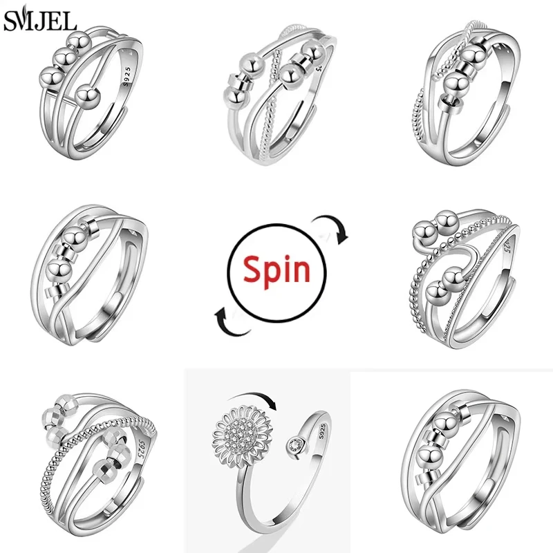 Anello Antistress con Perline Metalliche, Gioiello Girevole a Spirale per Uomo e Donna, per Alleviare l'Ansia e il Stress