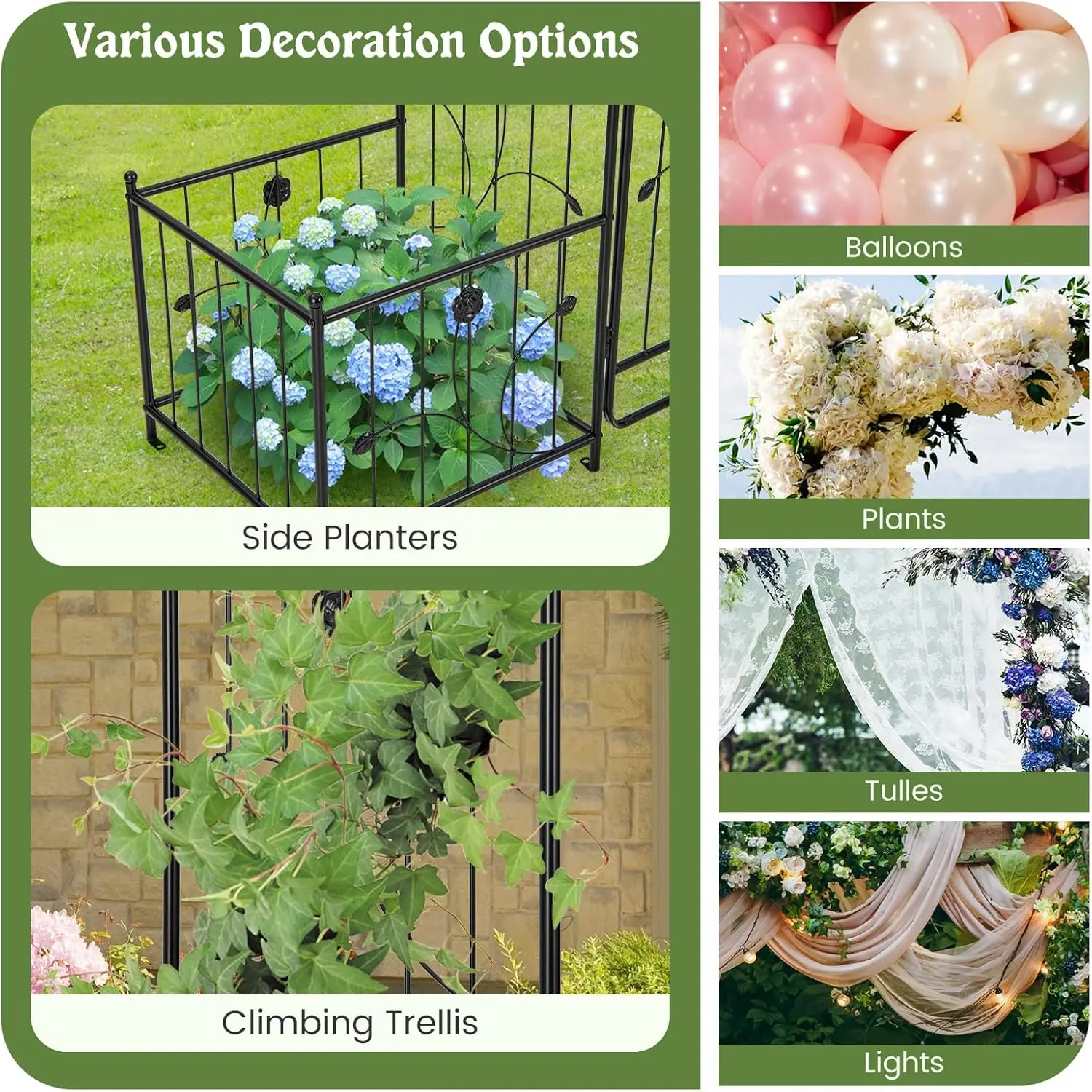 87-Inche Garden Arbor with Gate & Side Planter Box, Metal Garden Arch with Lockable Gate, Arched Top Arbour, Heavy-Duty Arched