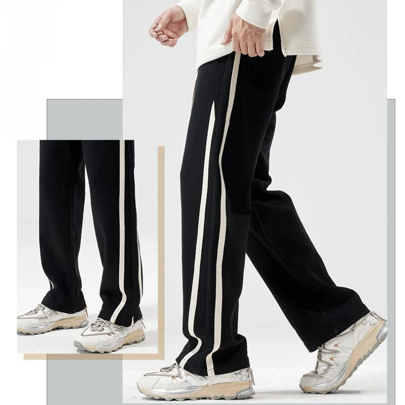 All Season Casual Soft Solid Men Cool Boys Drawstring Waist Long Floor-length Straight-legged Pants Sweatpant Striped