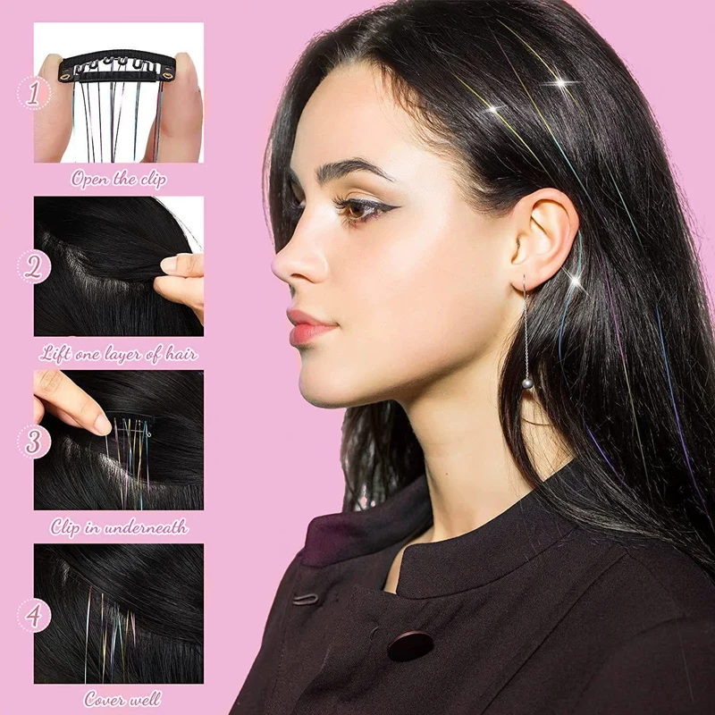 12Pcs Purple Clip in Tinsel Hair Extensions Hairpiece Colored Hair Tinsel Kit Party Highlights Hair Accessories for Women&Kids