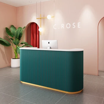 Salone per capelli moderno Piccolo bancone frontale Banco reception per salone di bellezza di lusso in oro bianco in vendita Pannello durevole in legno personalizzato 1 pz