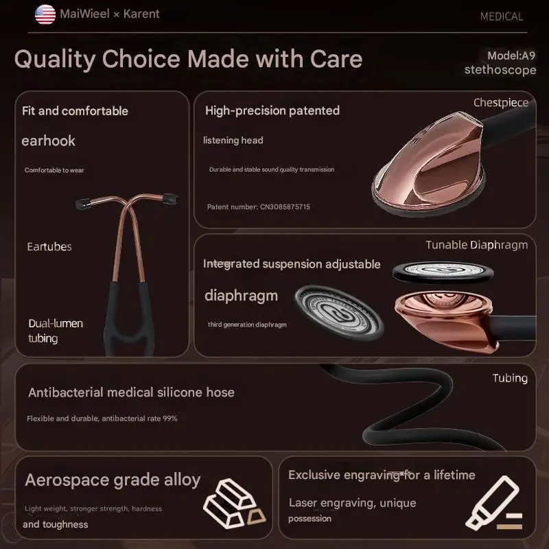 Dual Head Stethoscope Medical Stethoscope Carent Titanium Black Medical Professional Cardiology Stethoscope Diagnostic Stethoscope Master Cardiology For Nurse