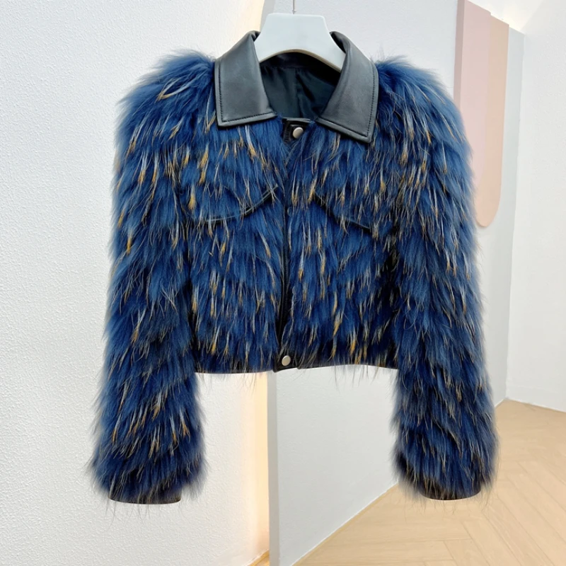 

New Real Fur Coat Winter Jacket Women Natural Raccoon Fur Fox Fur Coat Fur Strip Sewed Toghter Warm Loose Locomotive 2023