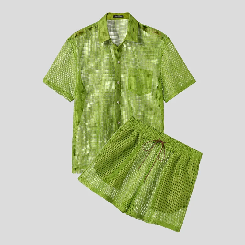 INCERUN Men Sets Mesh Hollow Out See Through Lapel Short Sleeve Shirt & Shorts Two Pieces Sets Streetwear Sexy Men Casual Suits