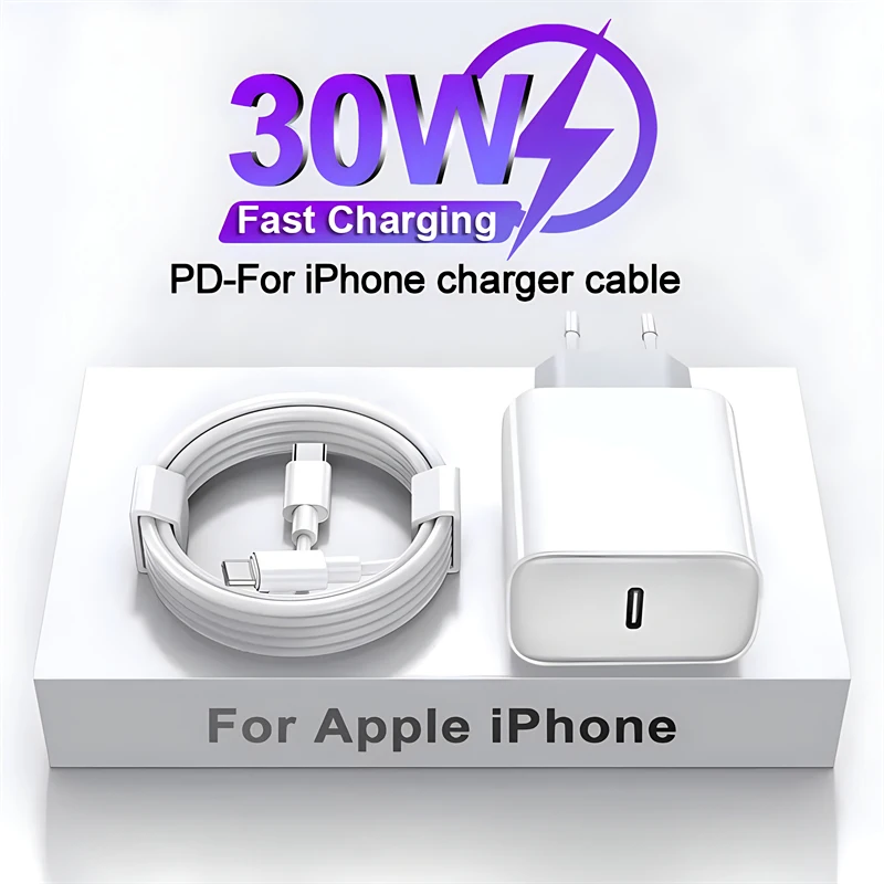 

30W USB C Quick Charger For iPhone 15 Pro Max Type C Apple iPhone 14 13 12 11 XR Lightning Fast Charging Cable Accessories