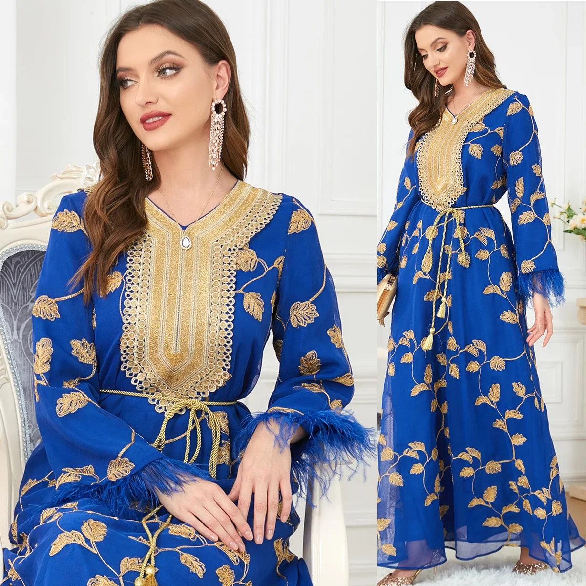 Autumn Muslim Party Dresses for Women Long Sleeve Kaftan Robe Abayas with Belt Dubai Abaya Gowns Morocco Evening Dress Vestiods