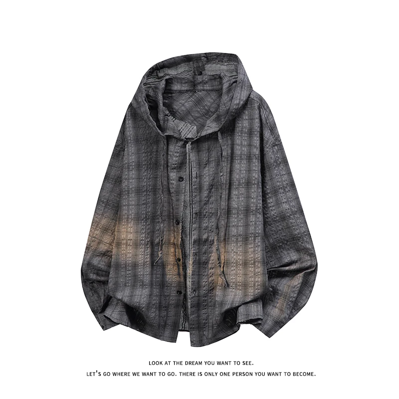 Unisex Plaid Long Sleeve Hooded Shirt Loose Sun Protection Outerwear American Retro Couple's Shirt Jacket Men's Top