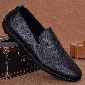 Breathable Lightweight Single Layer Leather Shoes Men's British Korean Style Slip-On Soft Leather Soft Bottom Men's Shoes Laz...