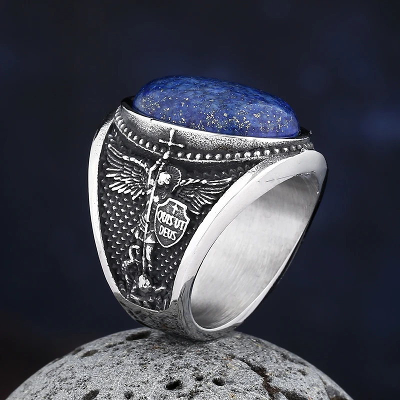 Anel Arcanjo Michael Sheild em aço inoxidável 316L com pedra masculina, estilo indiano, zircão azul, festa anel, presente de noivado, moda