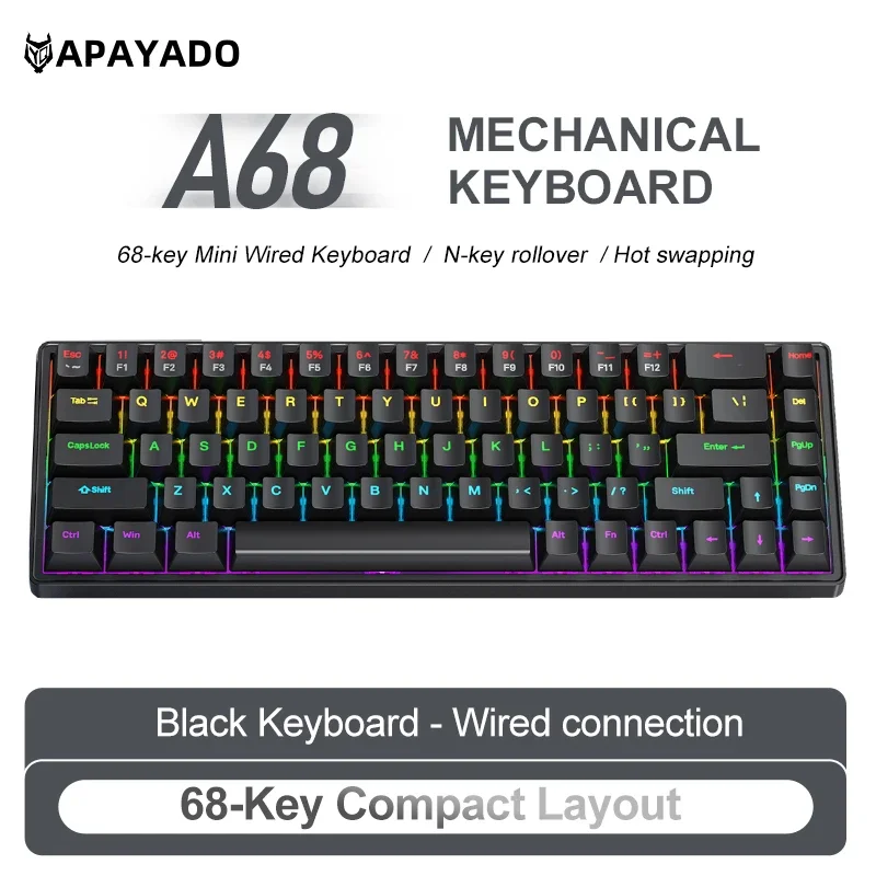 Enhanced Wired RGB Mechanical Keyboard with Hot-Swappable ABS Keycaps, 68 Keys