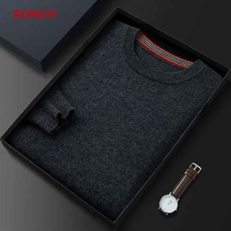 RONGYI Quality 100% Goat Cashmere Sweaters Autumn Winter Men's Pullover Fashion O Neck Solid Knitted Sweater Male Jumper Top