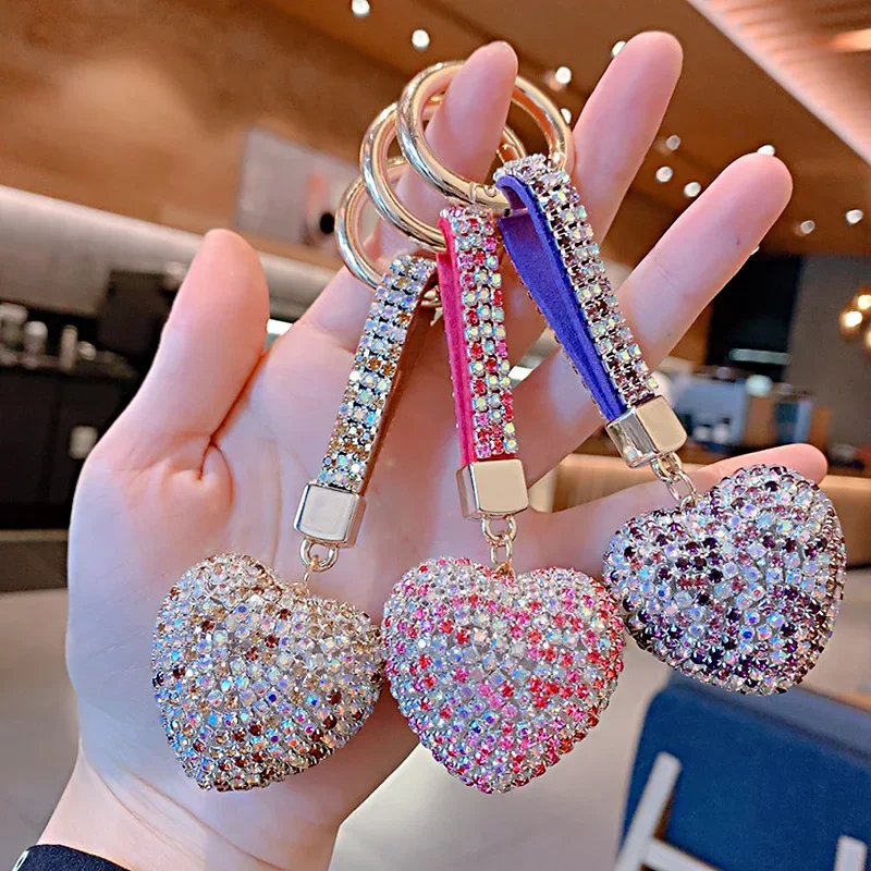 Women Shiny Color Rhinestone Leather Straps Crystal Ball Car Keychains Key  Rings