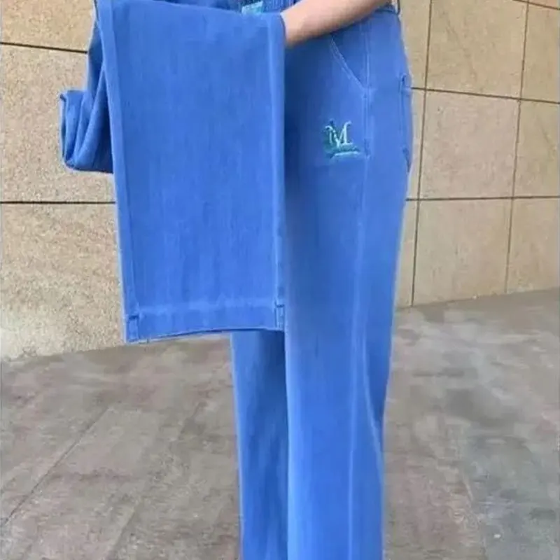 2023 Spring Summer Denim Straight Pants Elastic Women's Clothing Pockets Spliced Stylish Letter Embroidery High Waist Trousers
