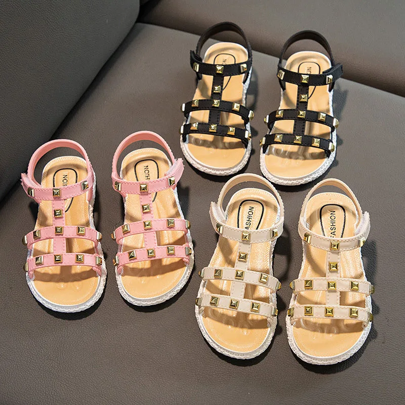 

2023 Open Toe School Students Children Sandals Kids Princess Shoes Fashion Rivets Roman Sandales Summer Girls Sandals CSH1327