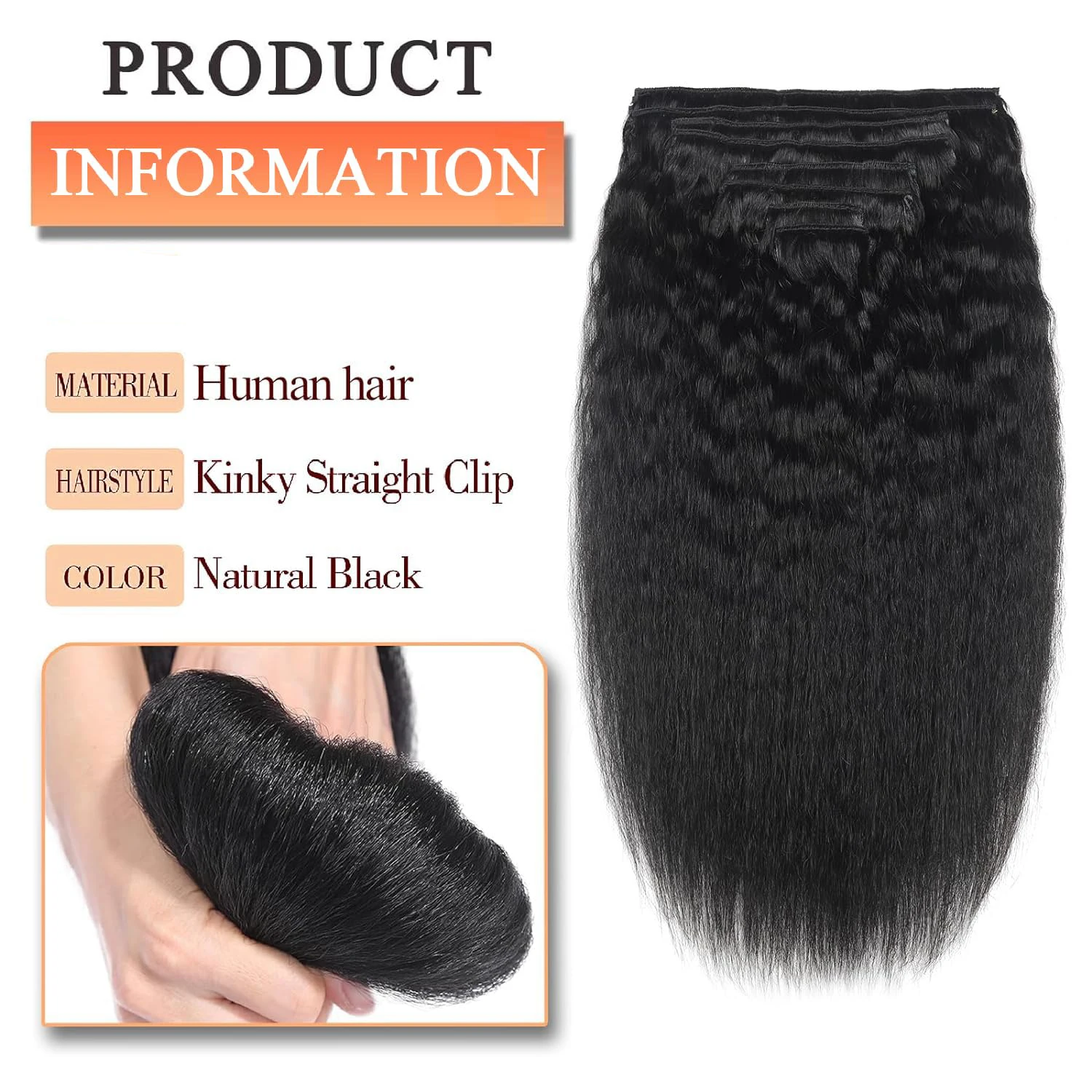 Kinky Straight Clip ins Clip in Hair Extensions Real Human Hair Natural Black for Women Remy Kinky Straight Human in
