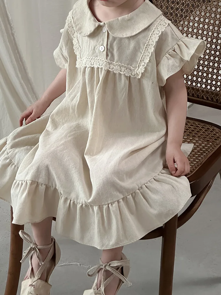 

2024 Summer New Girls Ruffle Edge Sleeve Princess Dress Kids Solid Casual Dress Cotton Toddler Lapel Lace Dress Children Clothes