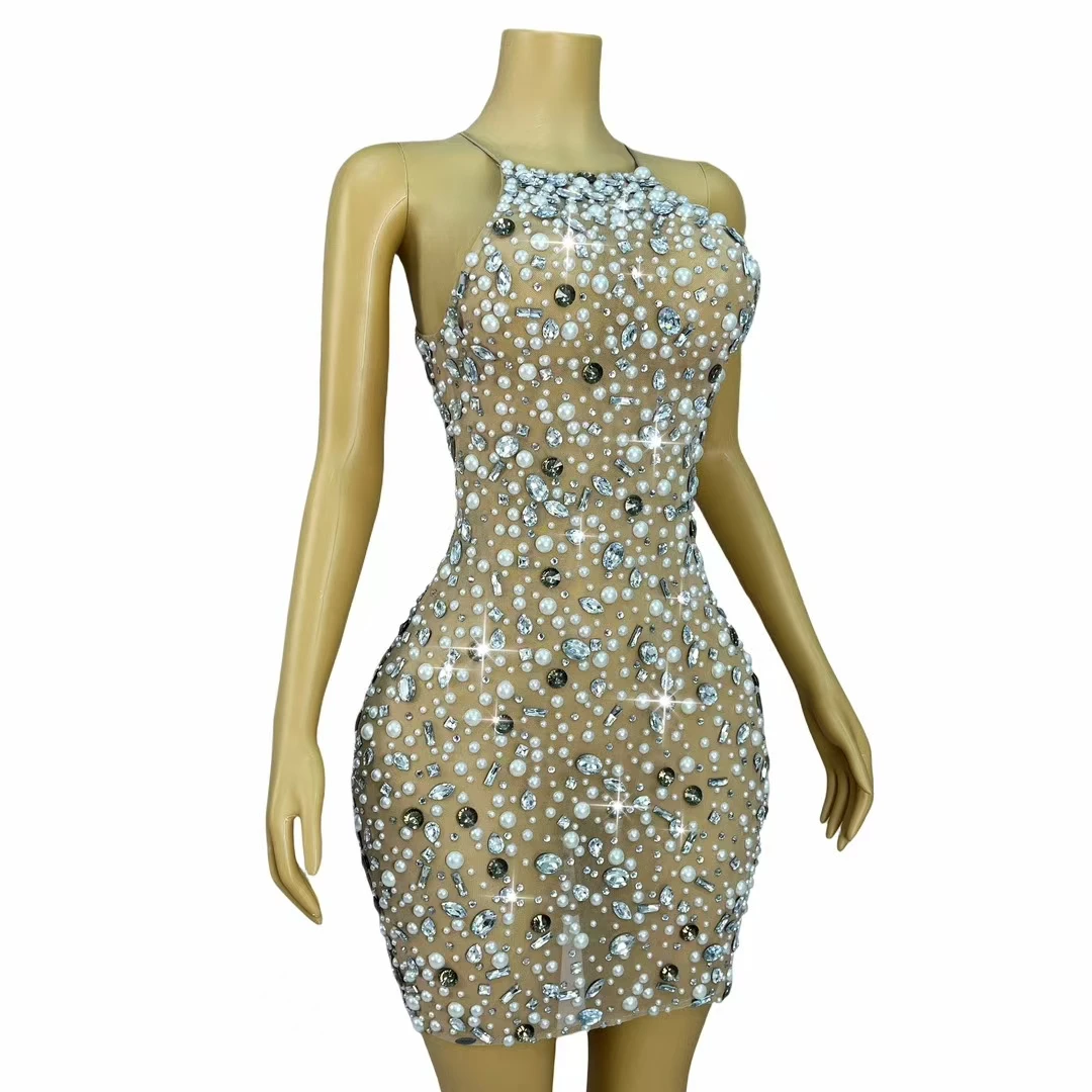 Sparkly Rhinestone Pearls High-end Mini Dress Sexy Women Birthday Party  Nightclub Fashion See Through Mesh Chic Dress Bingchuan - AliExpress  200000345