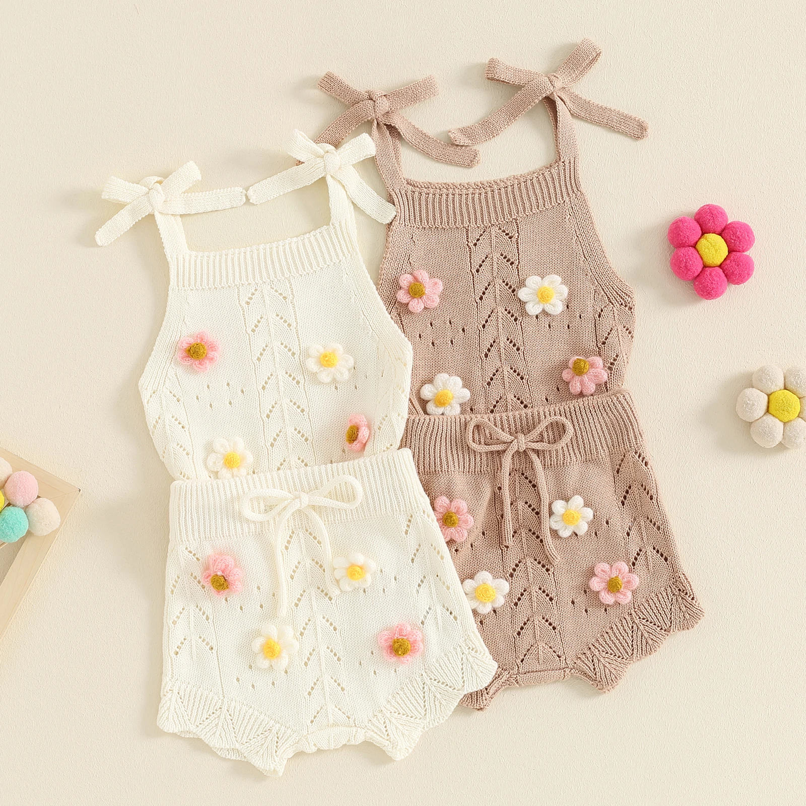 

Fashion Baby Girls Knitted Outfit Tie-up Camisole with Elastic Waist Shorts Flower 2 piece Knitwear Outfit Baby Clothes Sets