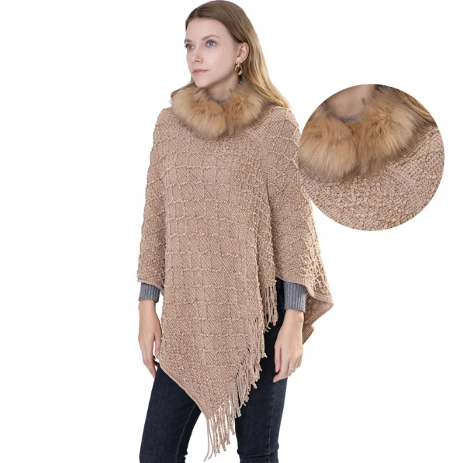 

Large Knitted Shawl Women's Autumn Winter New Chenille Cloak Fur Warm Tassel Pullover Cloak Hairy Collar Outdoors