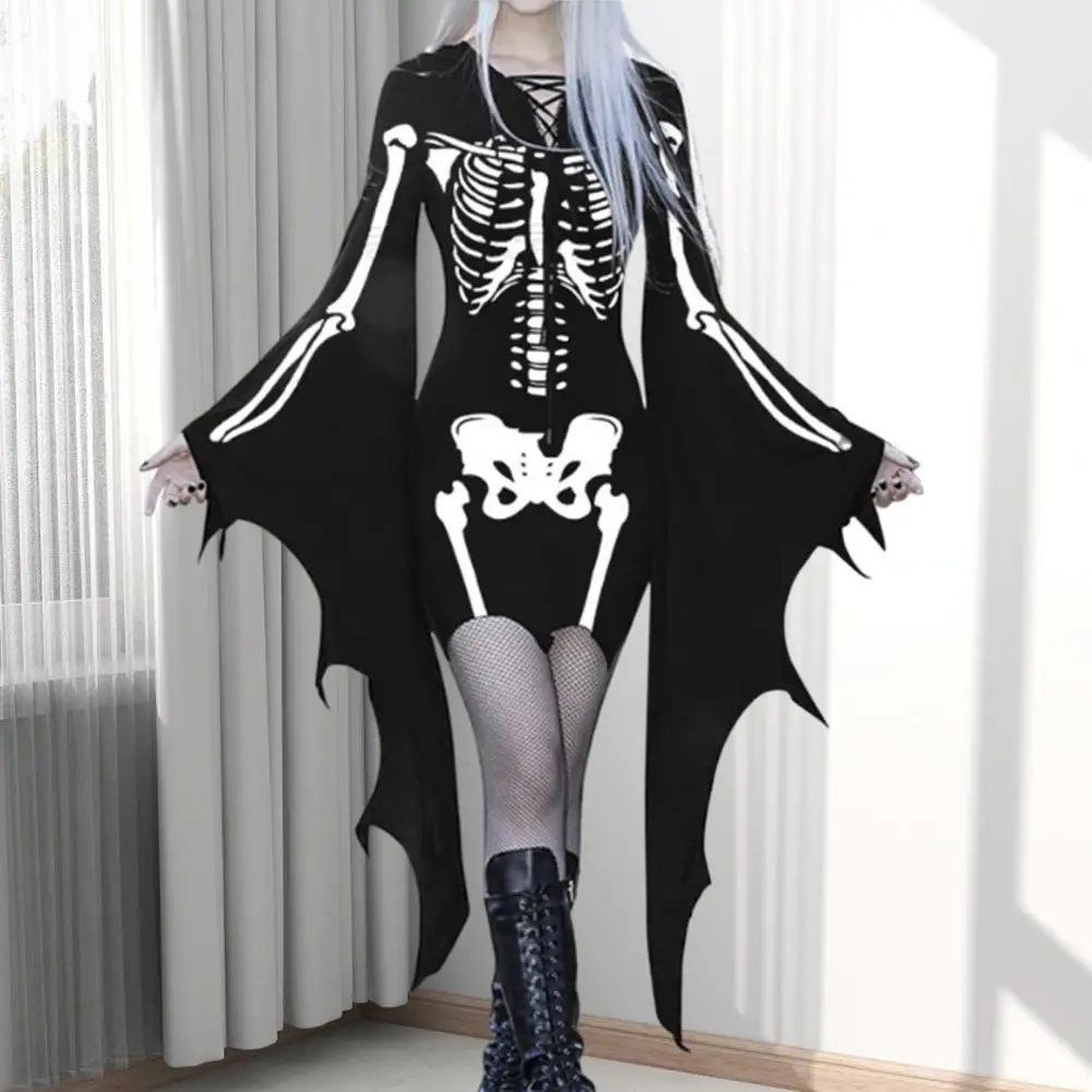 

Flared Sleeves Dress Halloween Party Cosplay Costume Long Batwing Sleeve Skeleton Print Dress with Irregular Cuff Lace-up Sheath