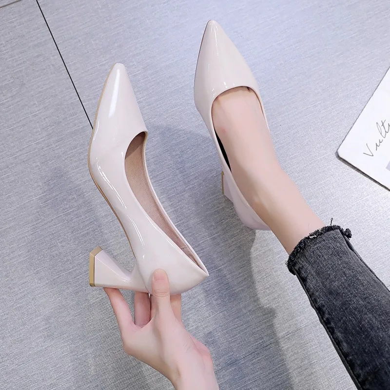 Square Buckle Fashion OL Office Shoes 2021 New Women's Concise Patent Leather Shallow High Heels Shoes Pointed Toe Women Pumps