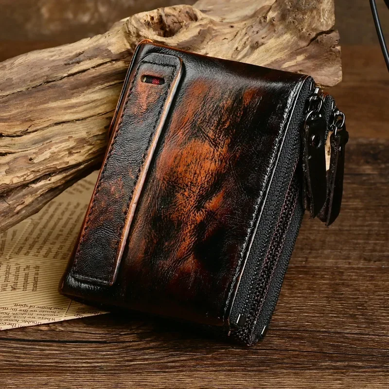 Vintage Leather Men's Zipper Wallet Retro Vertical Casual Short Wallet Driving License Head Leather Coin Purse
