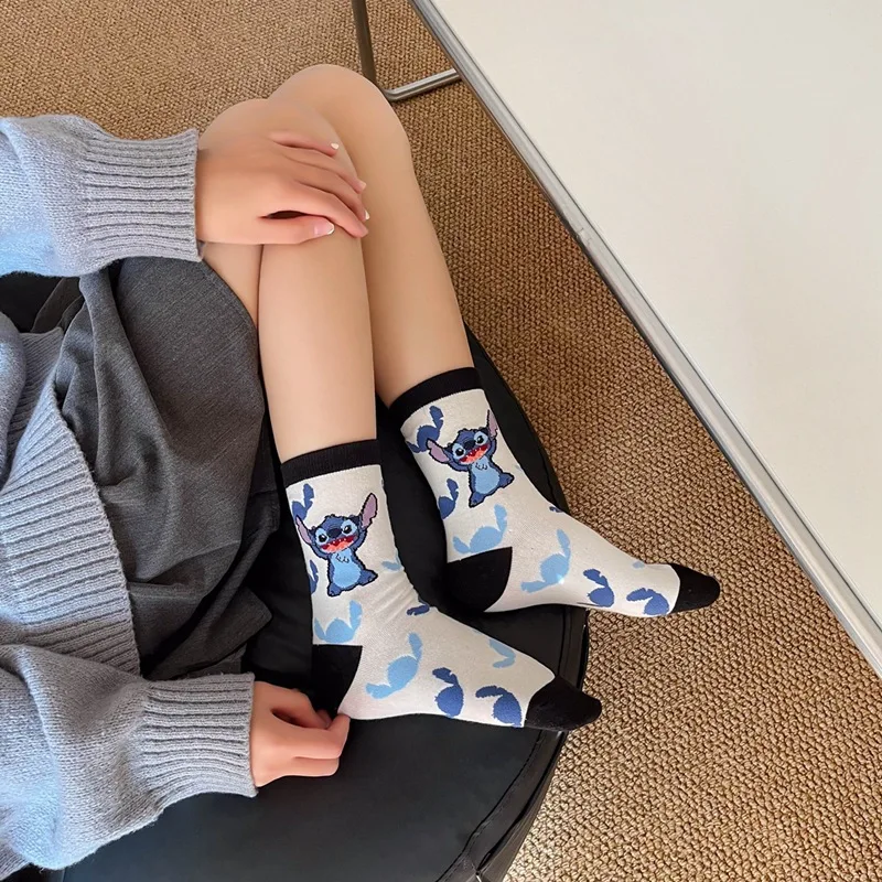 

New Disney Anime Cartoon Kawaii Stitch Pure Cotton Socks Medium Length Socks Combed Cotton Birthday Gift for Girls Friends Boys