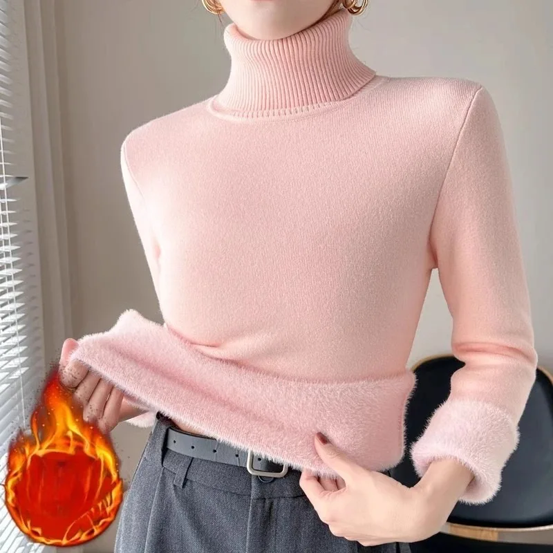 Autumn and Winter Solid Color Women's Turtleneck Velvet Long-sleeved Slim-fit Sweater Fashion Casual Knitwear Bottoming Shirt