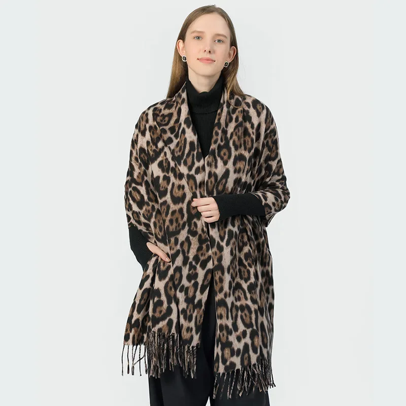 Luxury Leopard Print Cashmere Pashmina Shawl - Winter Warmth Women's Fashion Scarf with Fringe