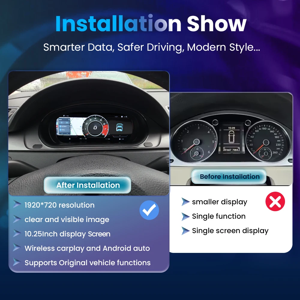 Panel de Instrumentos Digital Inalámbrico con Pantalla LCD de 10.25 Pulgadas y Resolución 1920*720P, Compatible con CarPlay y Android Auto, para Volkswagen Passat B7, CC, Magotan B7, Velocímetro, Navegación 2