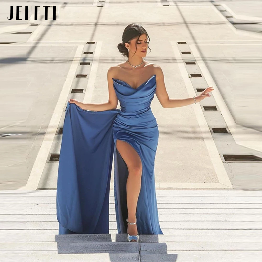 

JEHETH Grey Blue Strapless Soft Satin Evening Dress Sexy Pleats Mermaid Backless V-Neck Side Split Prom Party Gown Floor Length