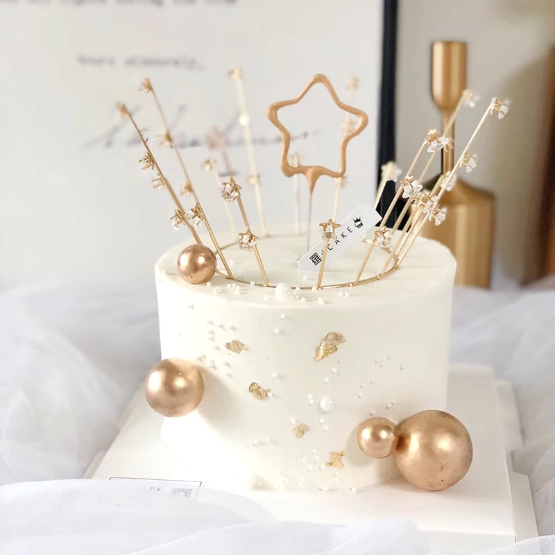 Gold Star Birthday Cake Topper Pearl Crown Metal Cake Toppers for Birthday Party Wedding Decoration Supplies Baby Shower