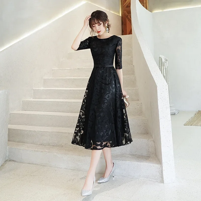 Navy Blue Bridesmaid Dress Lace Tea Length Formal Party Gown For Ladies YSM071