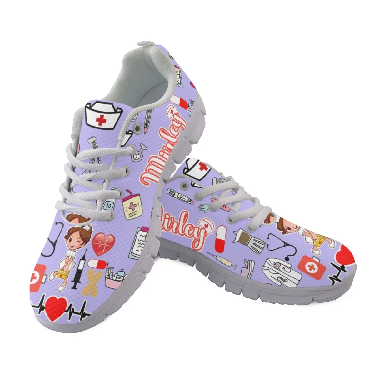 

Nurse Heart Printed Purple Mesh Shoes Cartoon Hospital Sport Running Shoes Custom Wear-resistant Anti-slip Round Toe Zapatillas