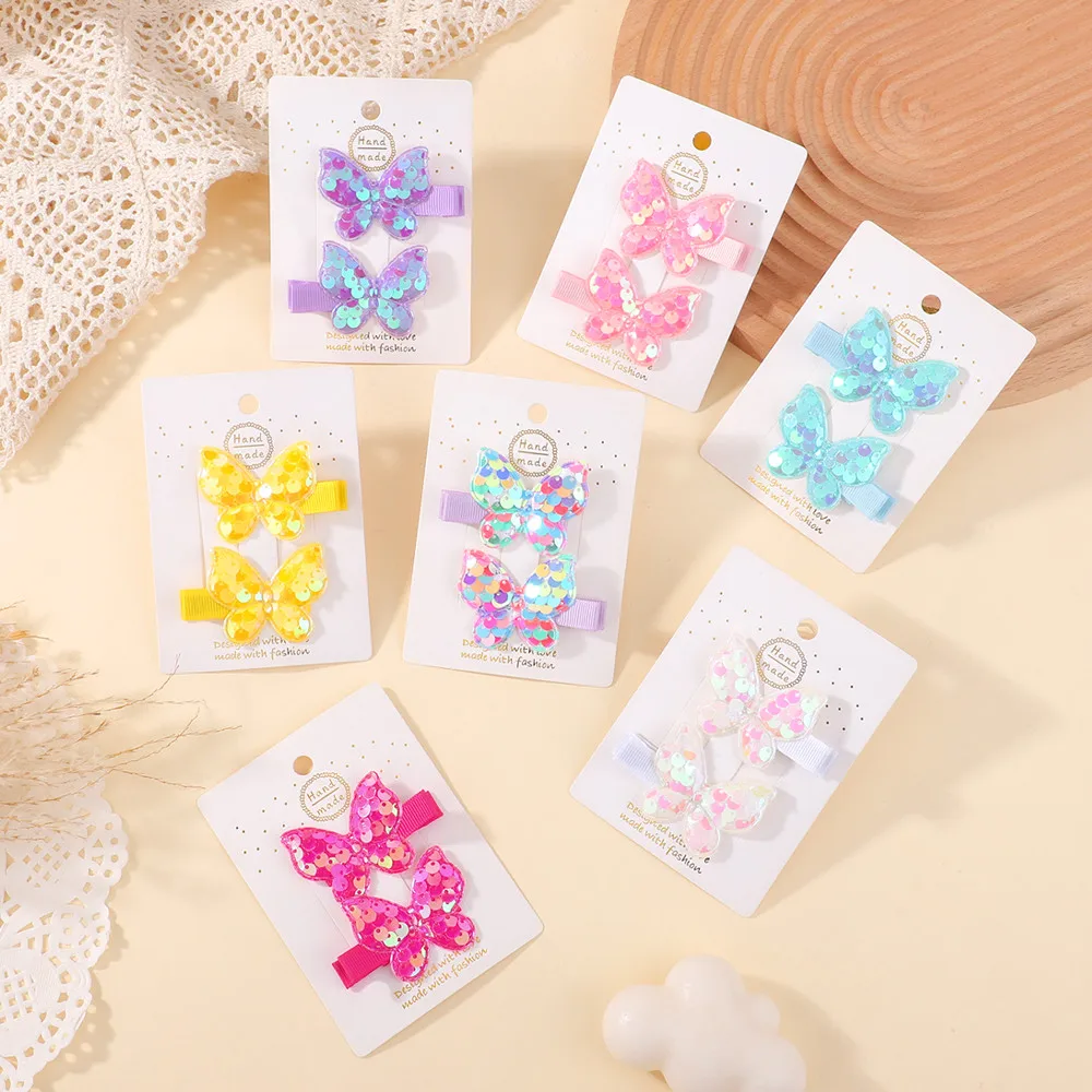 2pcs 반짝 이는 무지개 빛깔의 스팽글 나비 BB 헤어 클립 어린이를위한 멀티 컬러 헤어 바레트 소녀 헤어 액세서리 패션 선물