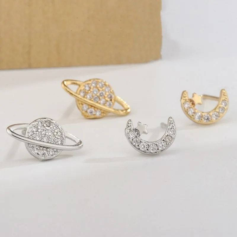Elegant Inlaid Zircon Asymmetrical Star&Moon Stud Earrings for Women New Fashion Earring Party Jewelry Gifts