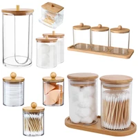 2/3/4Pcs Acrylic Storage Box Bathroom Clear Cotton Swab Makeup Jars Dispenser Bamboo Lids Tray Holder Qtip Reusable 1
