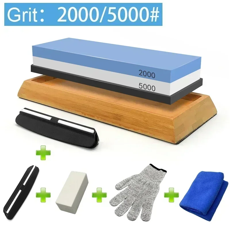 Professional Knife Sharpening Whetstone Set with Wood Base and Angle Guide