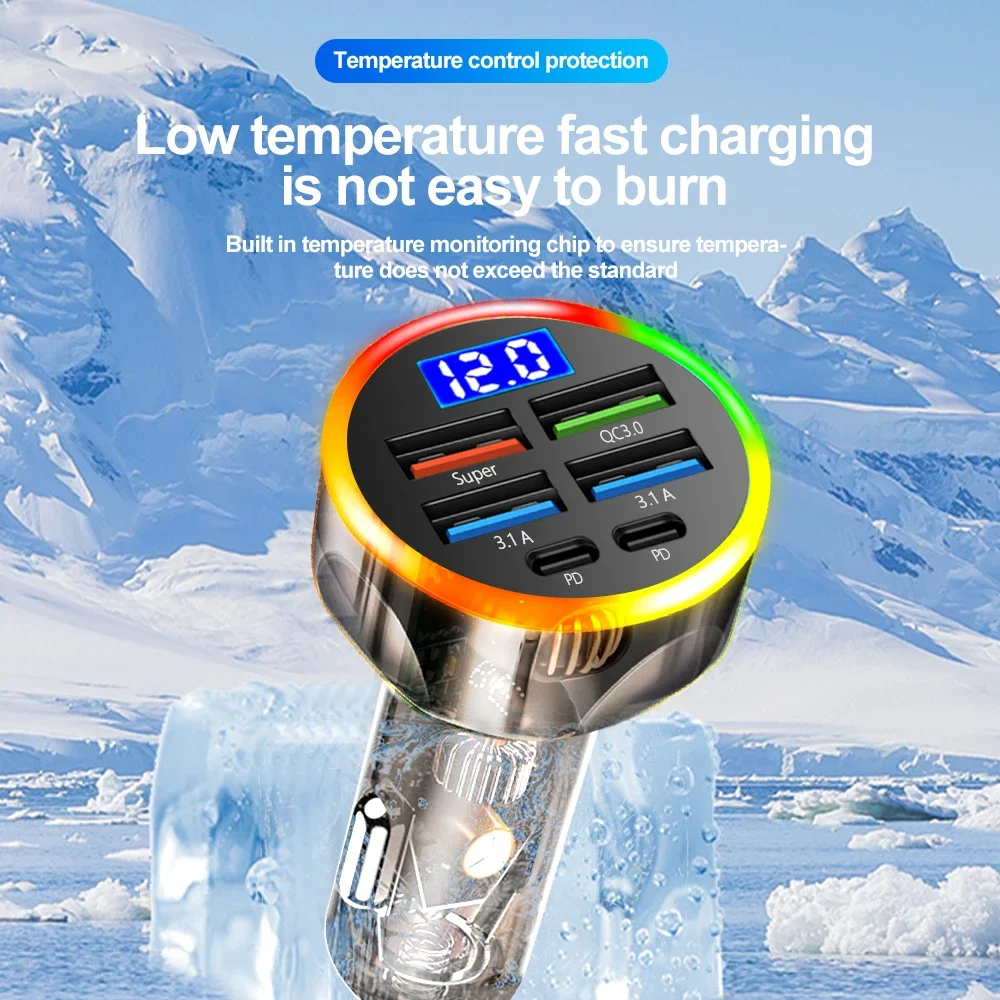 High-Power 200W Clear Case Car Charger with QC3.0 & Type-C PD Fast Charging