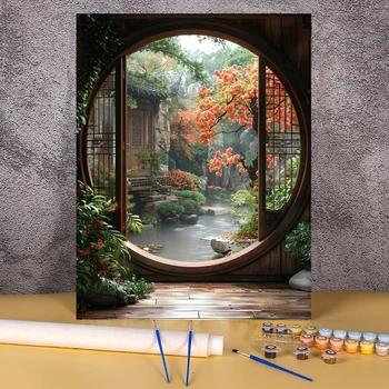 Dipingere con i numeri Paesaggio Kit di pittura digitale Regalo per adulti fatto a mano Decorazione da parete Colorazione con i numeri Fiore Casa di legno 1