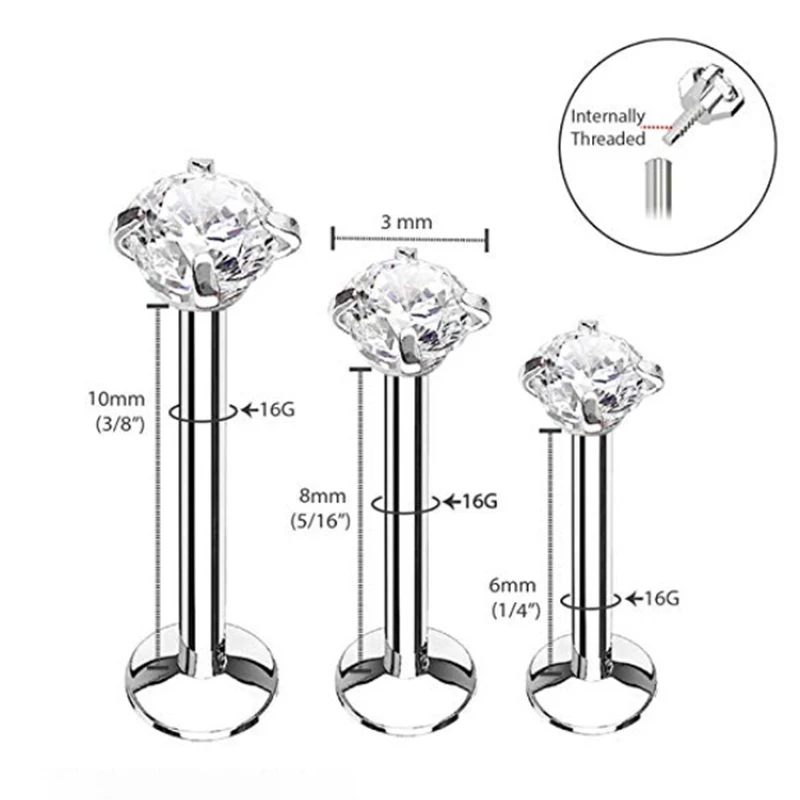 16G Stainless Steel Labret Lip Ring Piercing CZ Zircon Earring 6/8/10MM 6 Pcs/Lot