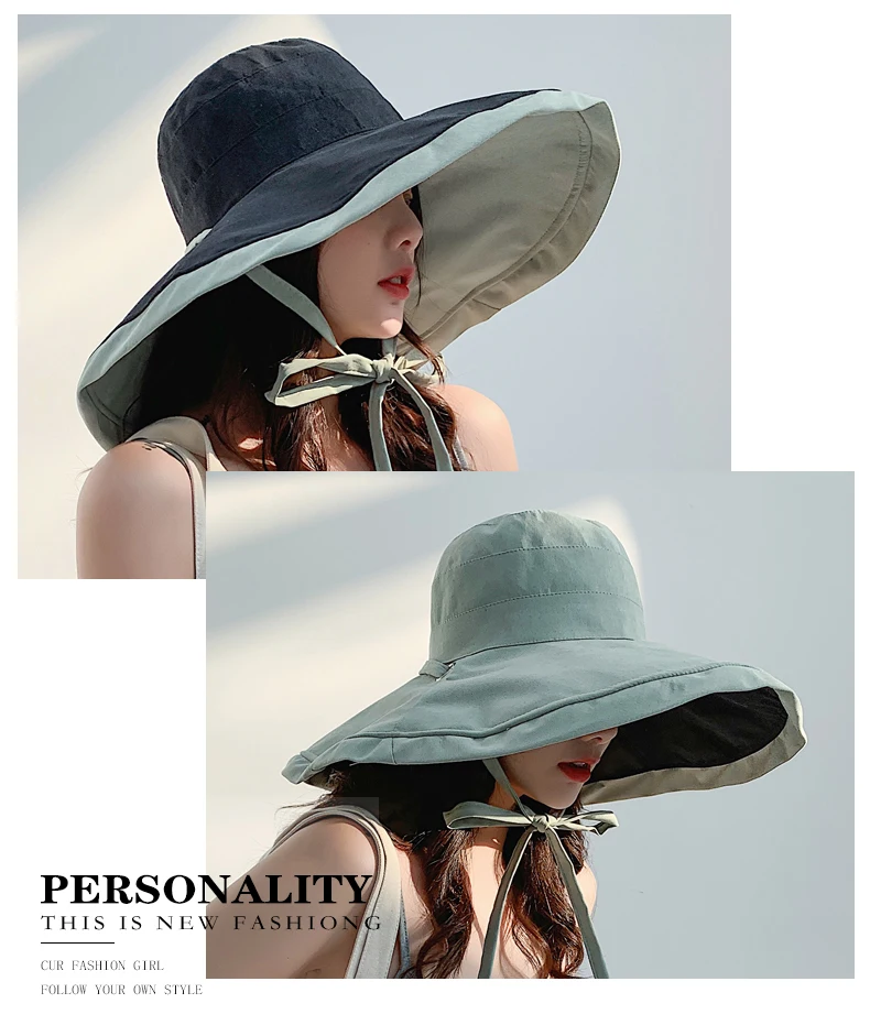 Summer Wide Large Brim Sun Hat Women Double Side Fashion Outdoor Beach Fisherman Cap Protection Hat UV Anti Bucket Hat Bonnet black bucket hat womens