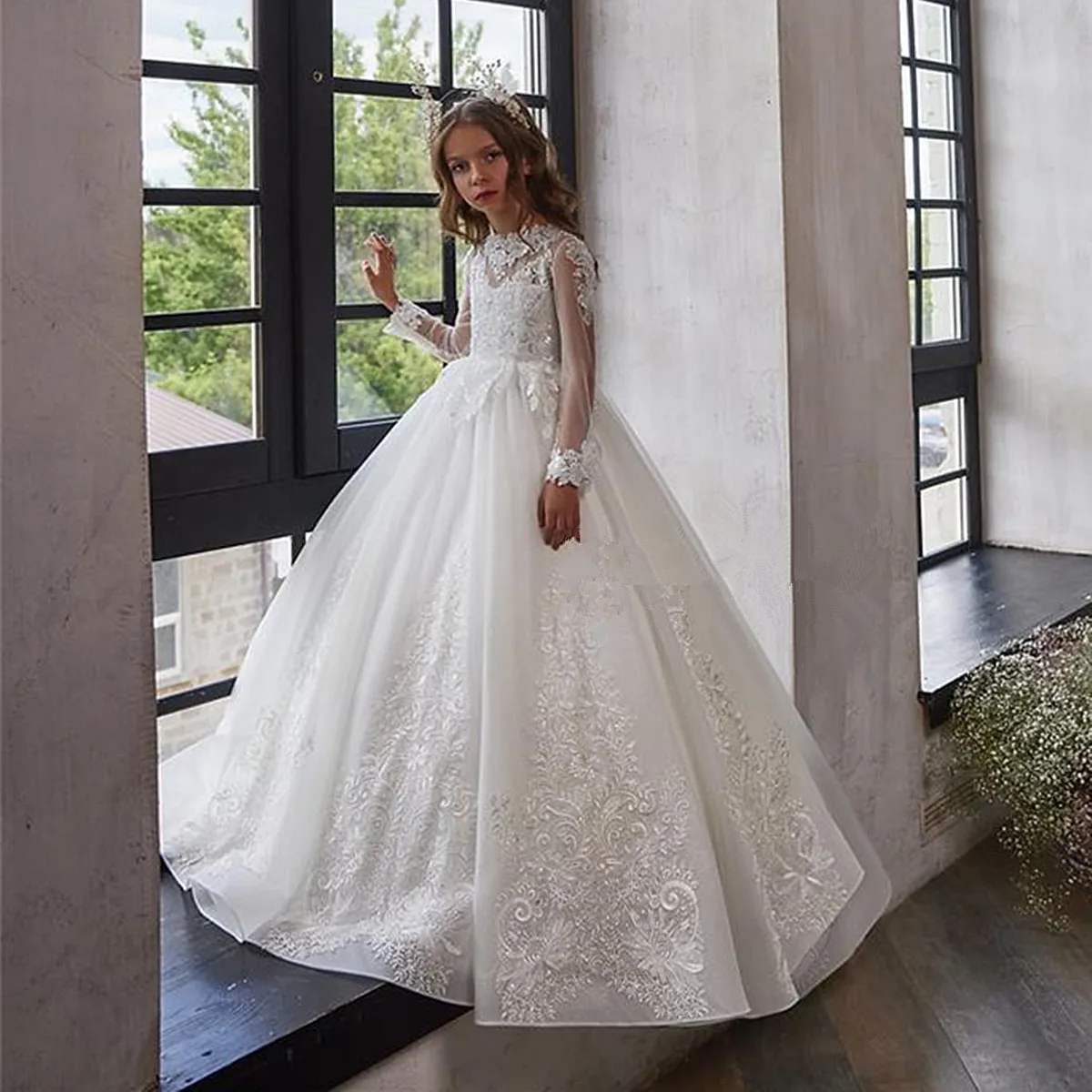 

A+A+Luxury Lace Flower Girl Dresses Long Sleeve Beaded Appliqued Little Kids Birthday Party Dresses First Communion Dress