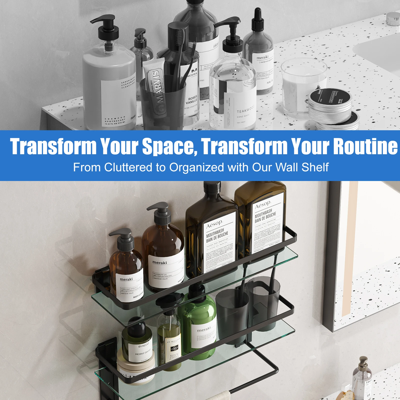 Glass Bathroom Shelf with Towel Bar 15.7in Bathroom Wall Shelves Rustproof Metal Bathroom Wall Organizer 2-Tier 5